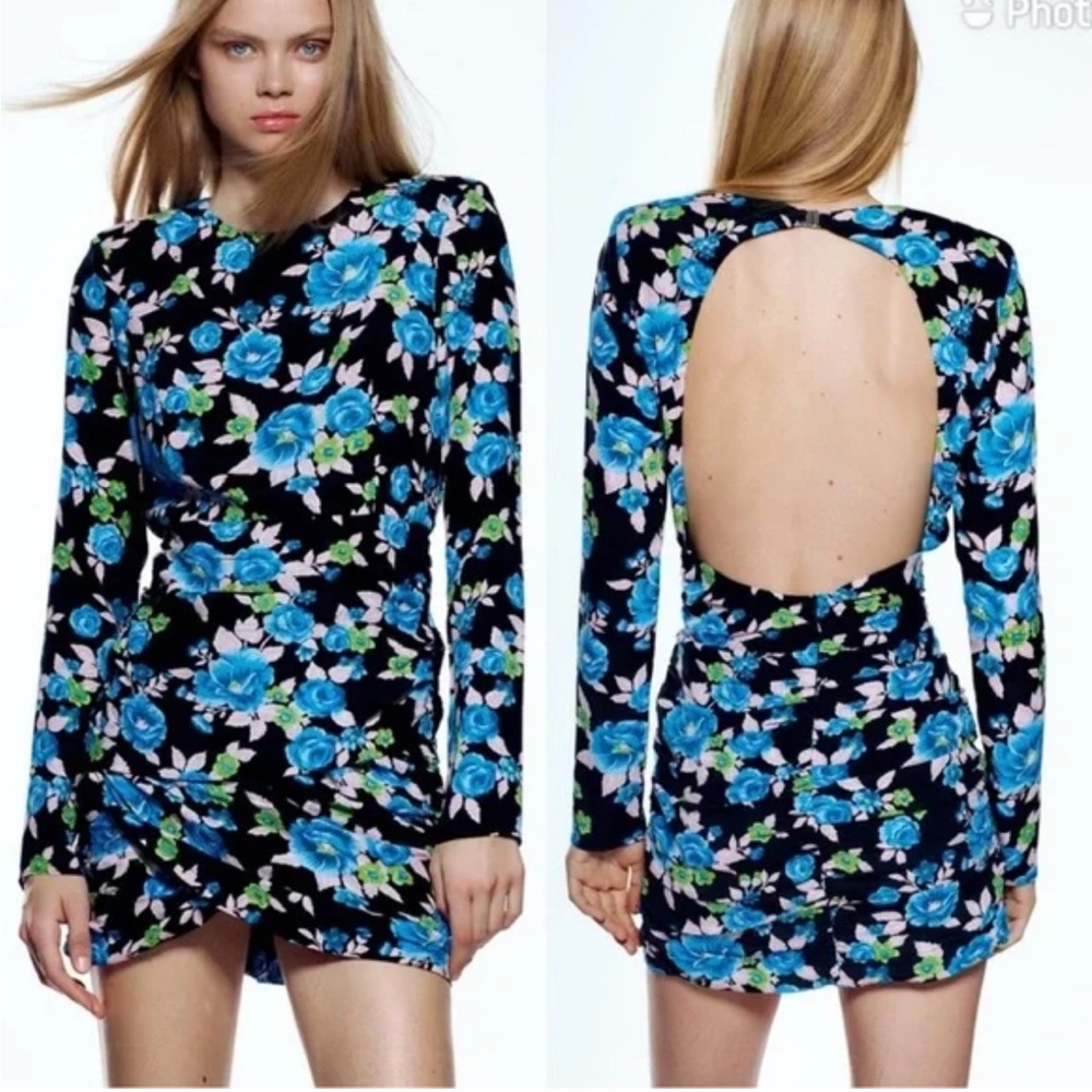 Zara Blue Rose Printed Black  Backless Mini Dress - NWT